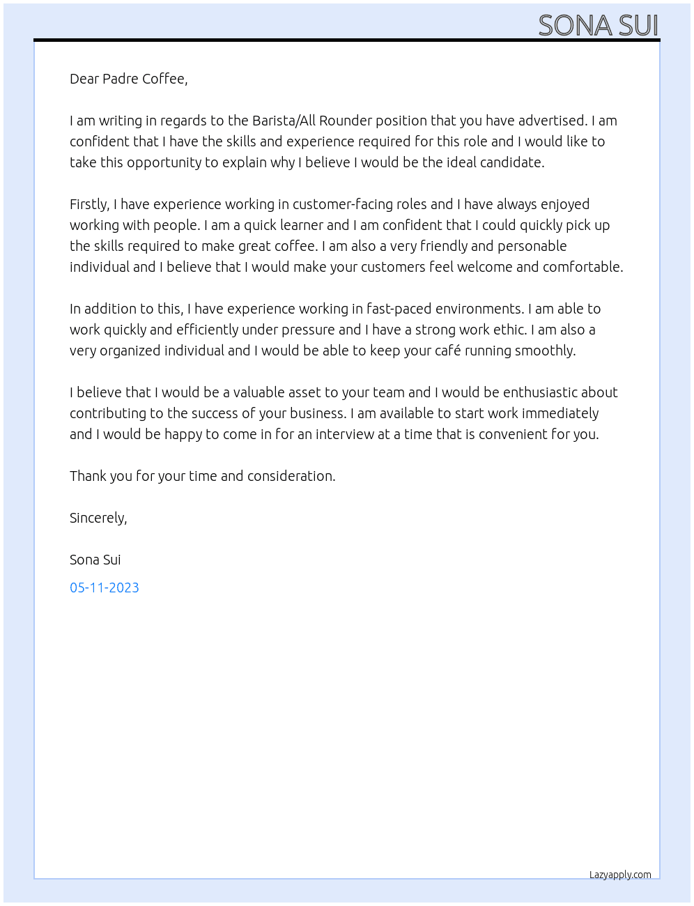 Barista / All Rounder At Padre Coffee Cover Letter