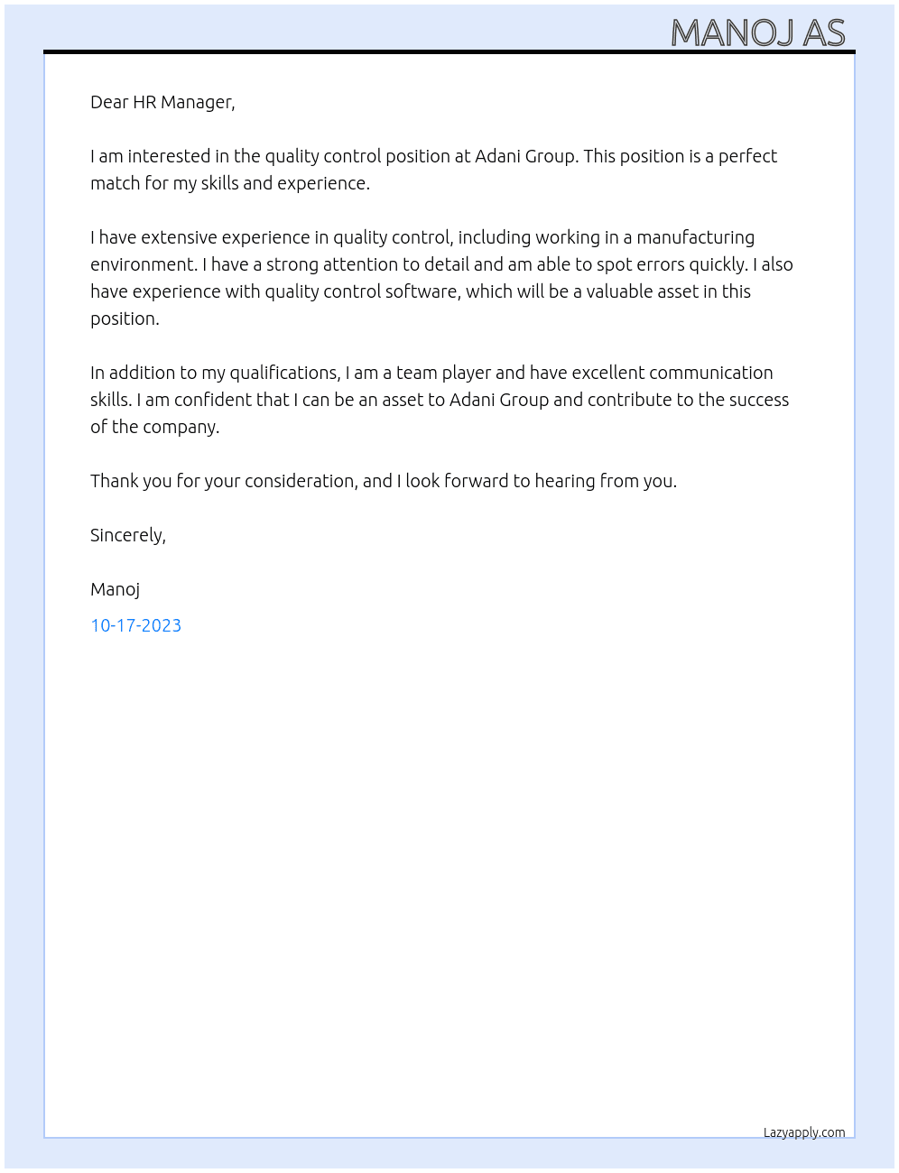 quality control  At adani group Cover Letter