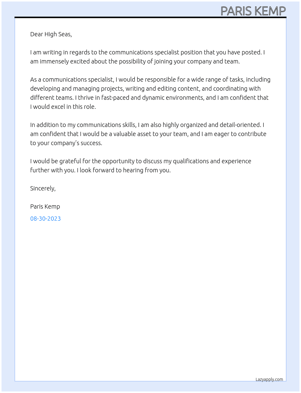 Communications specialist At High seas  Cover Letter