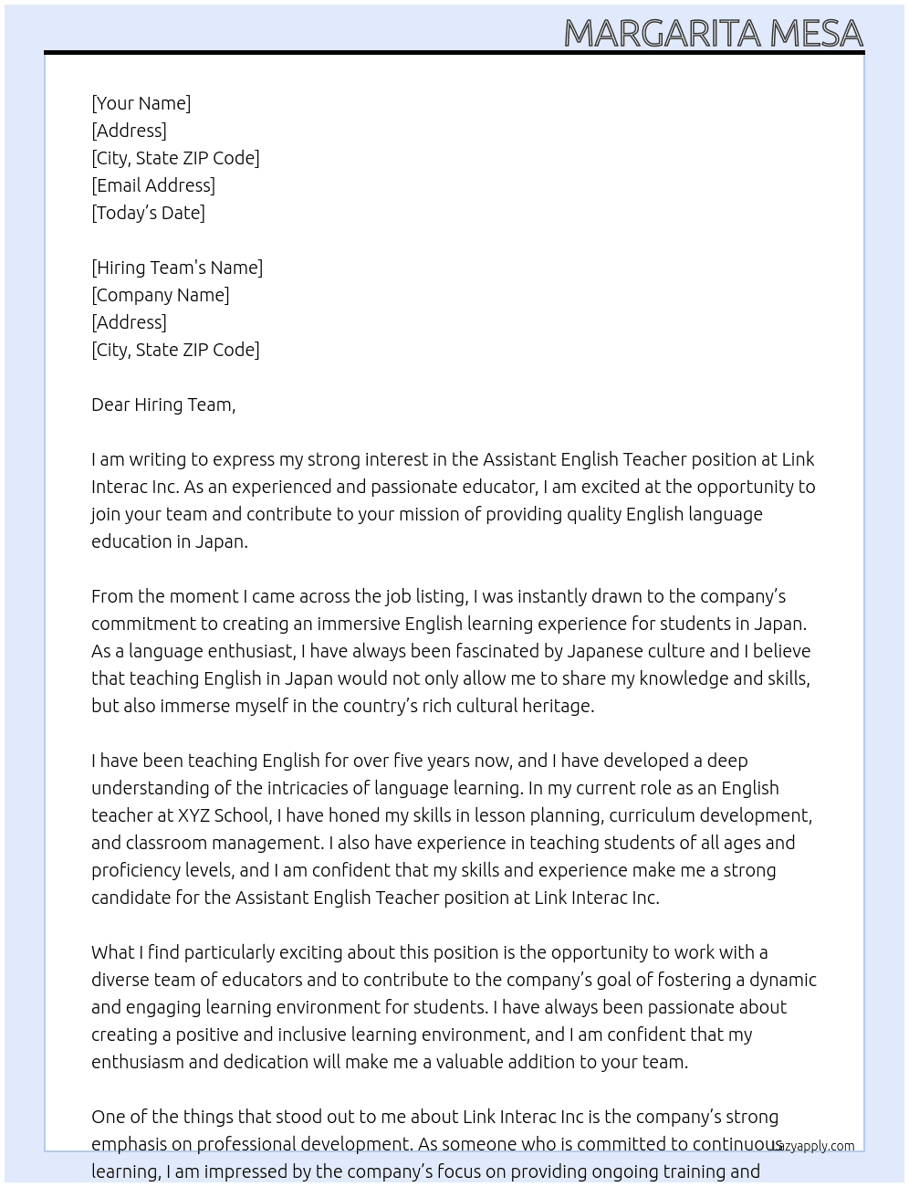 Assistant english teacher At Link Interac Inc Cover Letter