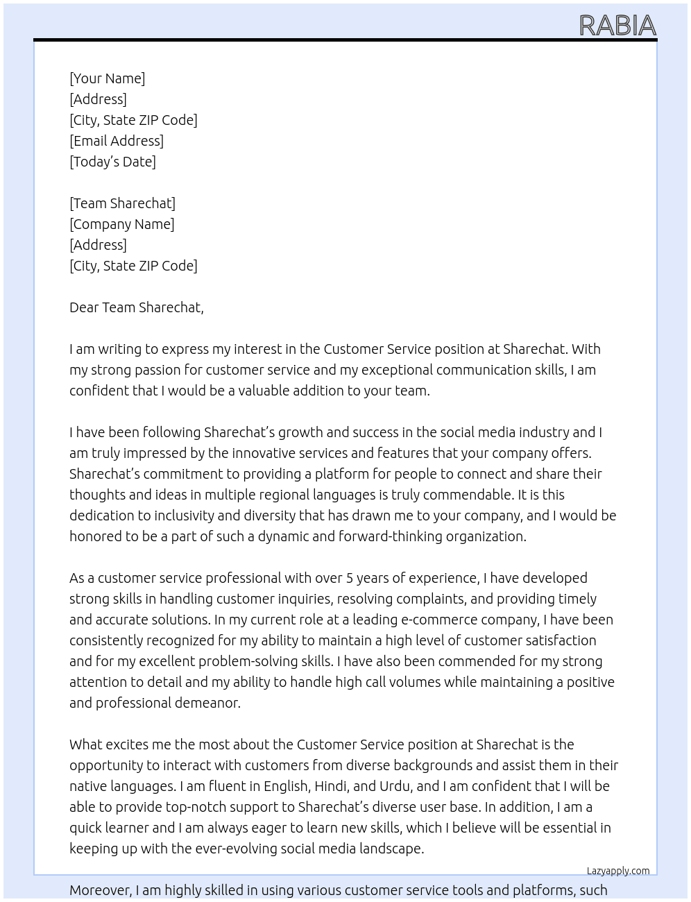 Customer service  At Share chat Cover Letter