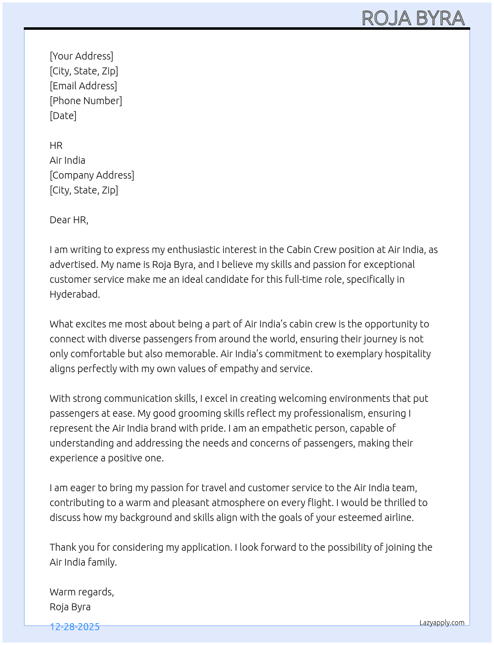Cabin crew  At Air india  Cover Letter