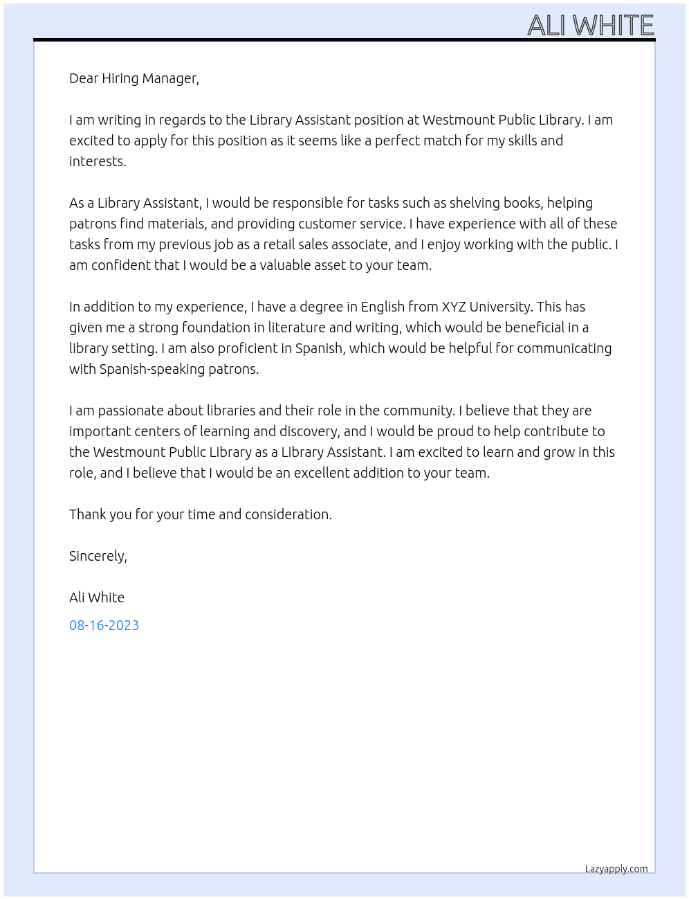 Library Assitant At Westmount Public Library Cover Letter