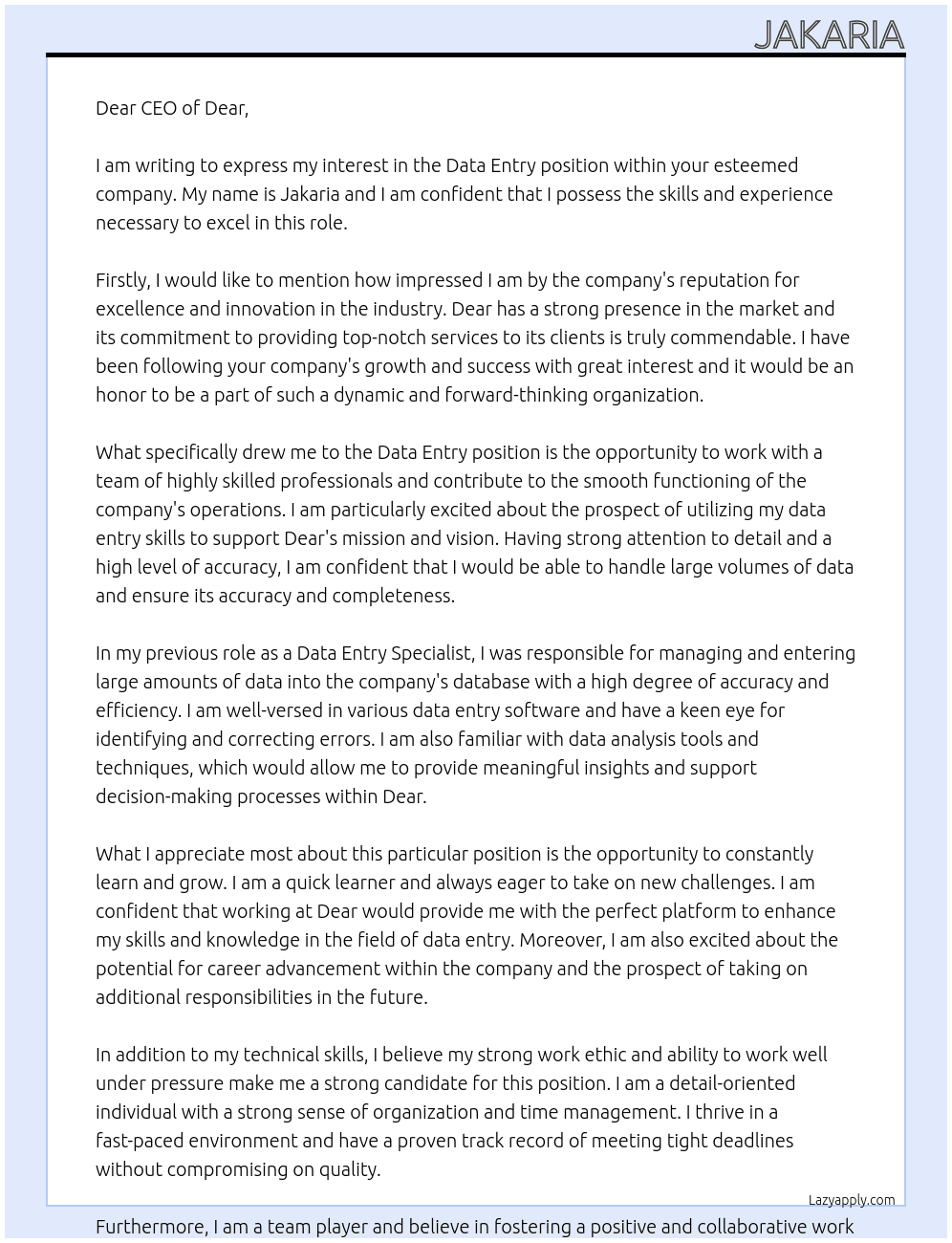 data entry At dear Cover Letter