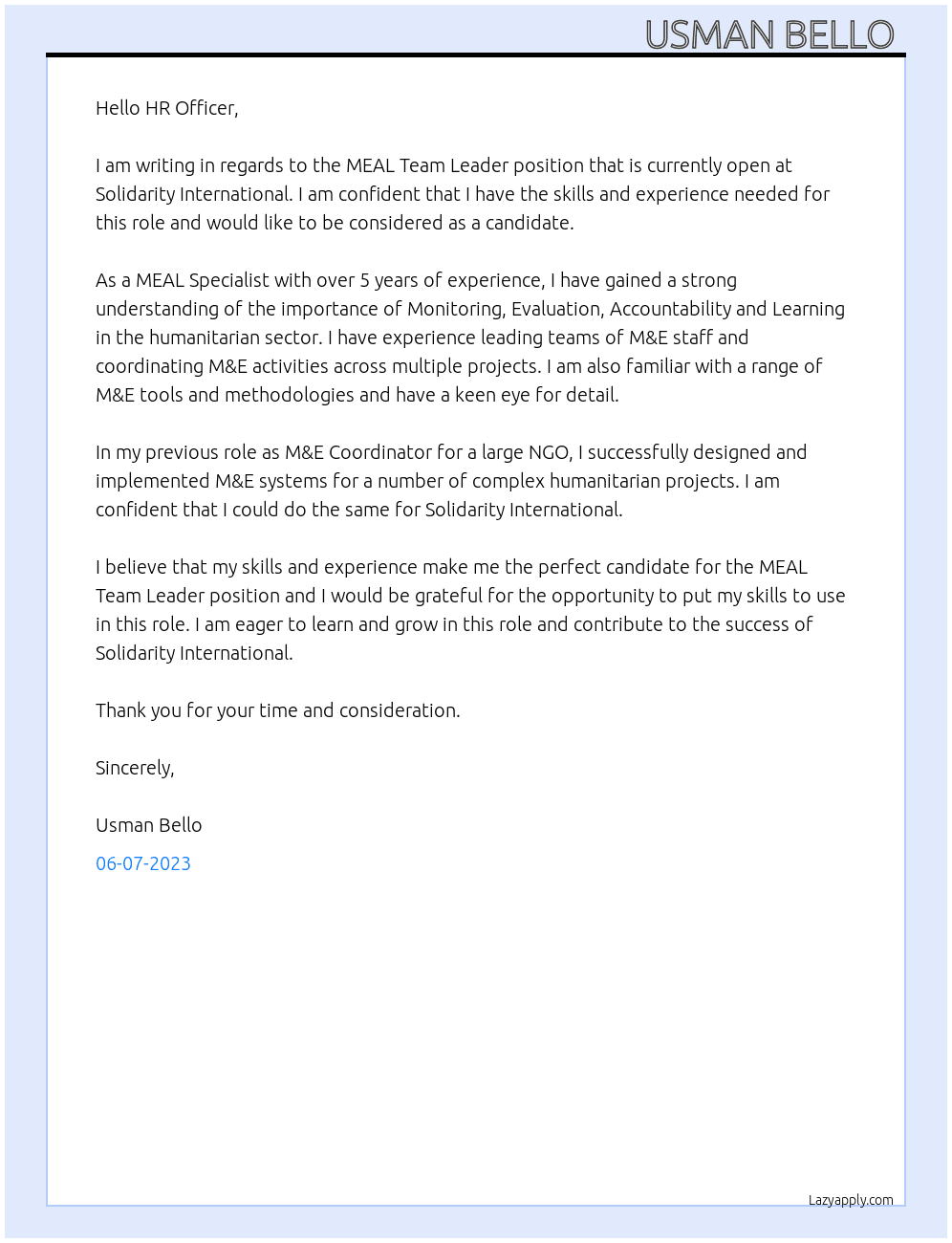 MEAL Team Leader  At Solidarity international  Cover Letter