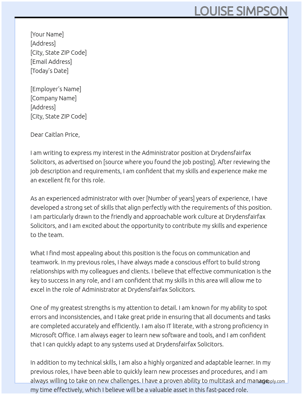 Administrator At Drydensfairfax Solicitors Cover Letter