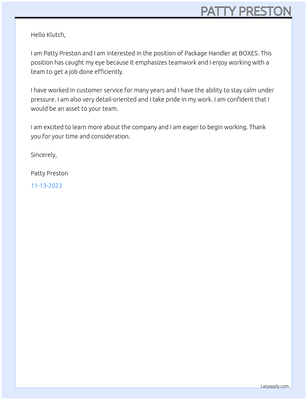 Package Handler At BOXES Cover Letter