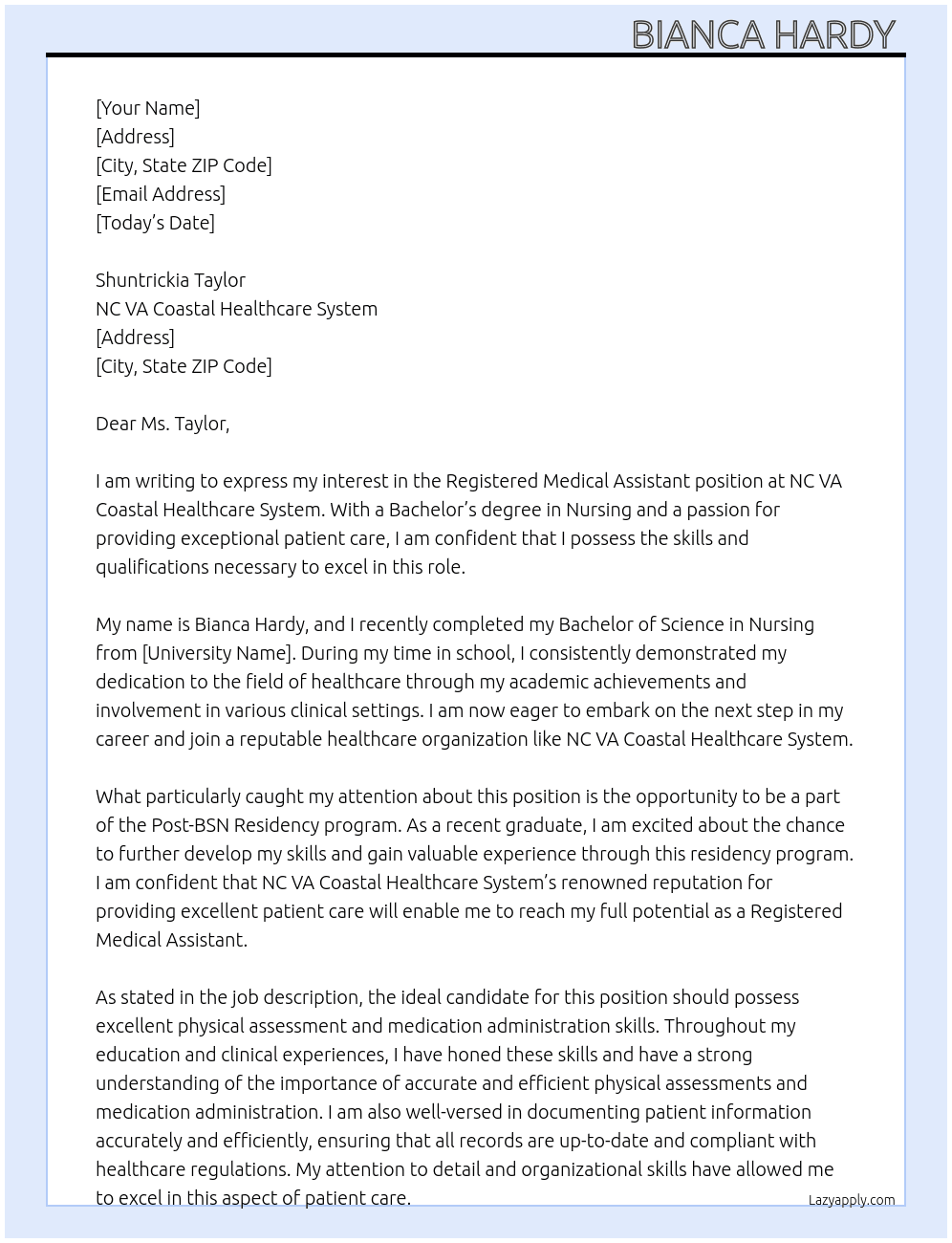Registered Medical Assistant At NC VA Coastal Healthcare System  Cover Letter