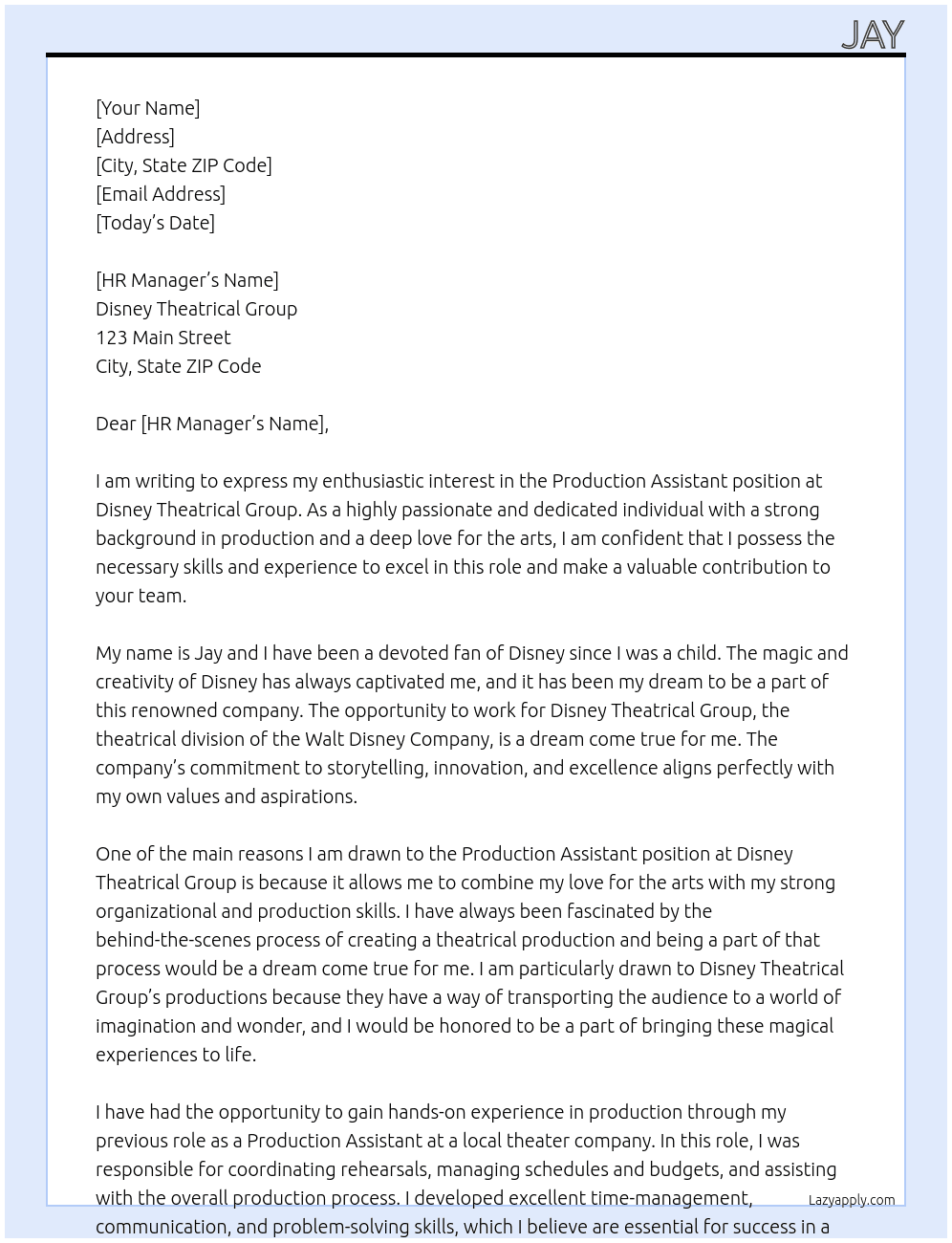 Production Assistant At Disney Theatrical Group Cover Letter