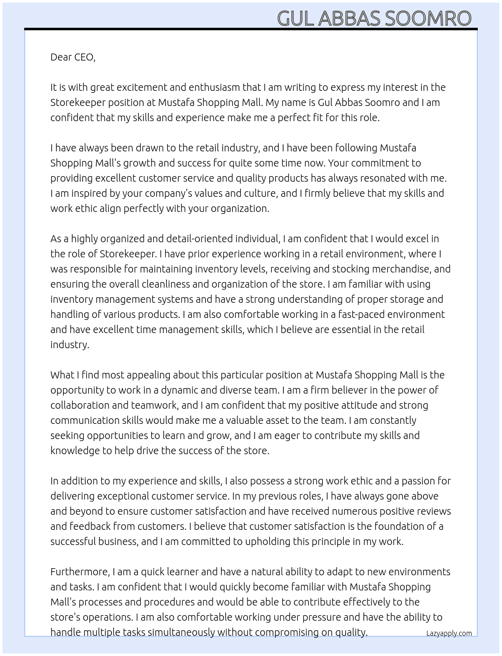Store keeper At Mustafa Shopping Mall  Cover Letter