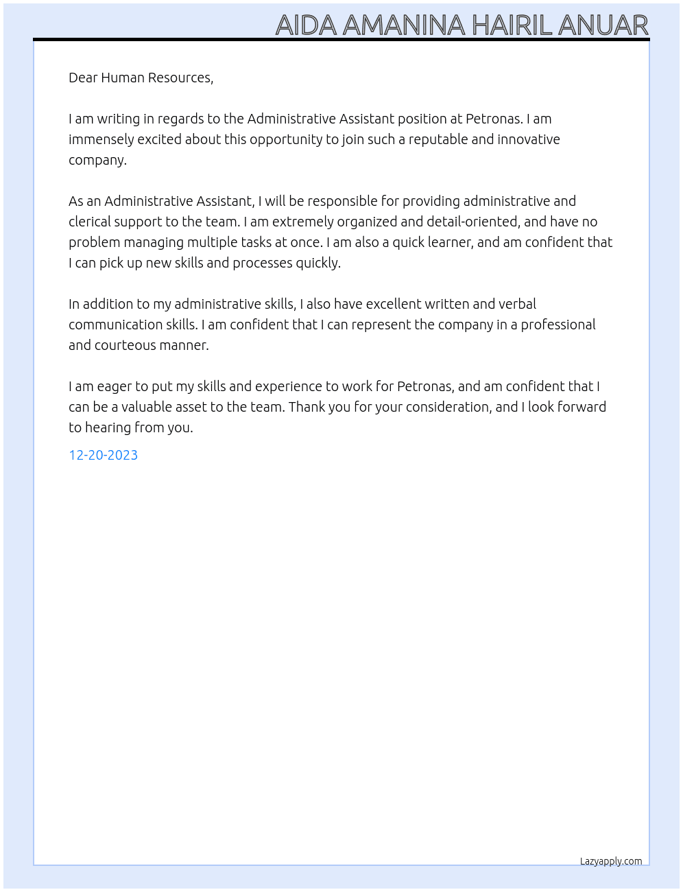 admin assistand At petronas sdn bhd Cover Letter