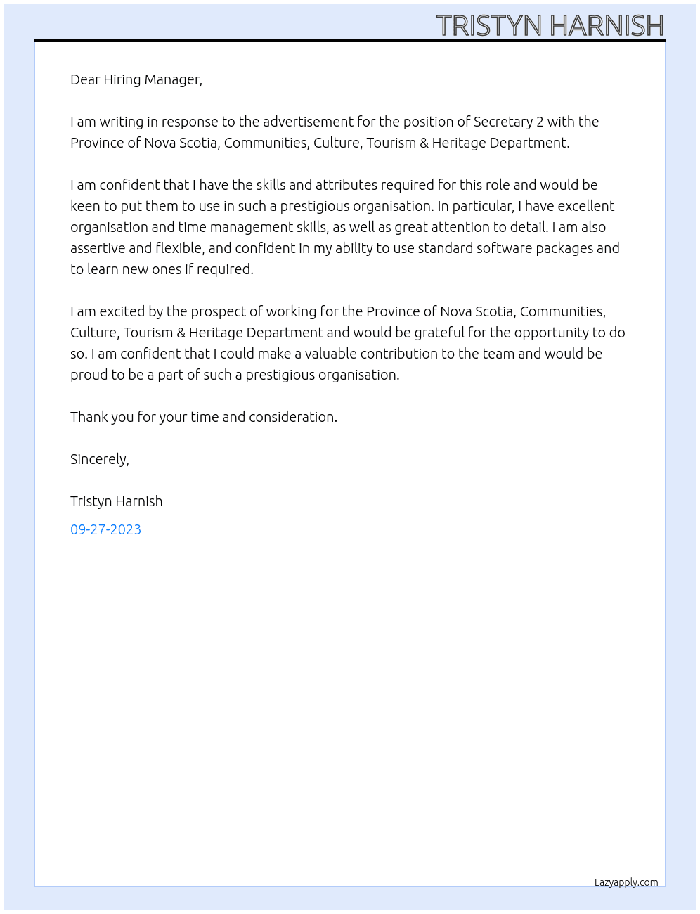 Secretary 2 At Province of Nova Scotia,  Communities, Culture, Tourism & Heritage Department Cover Letter