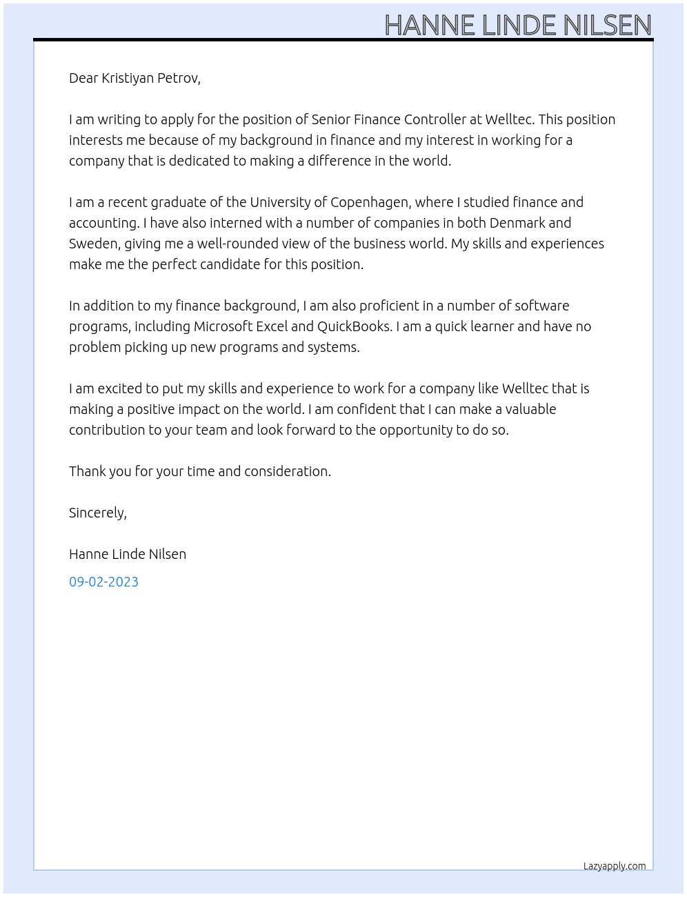 Senior Finance Controller At Welltec Cover Letter