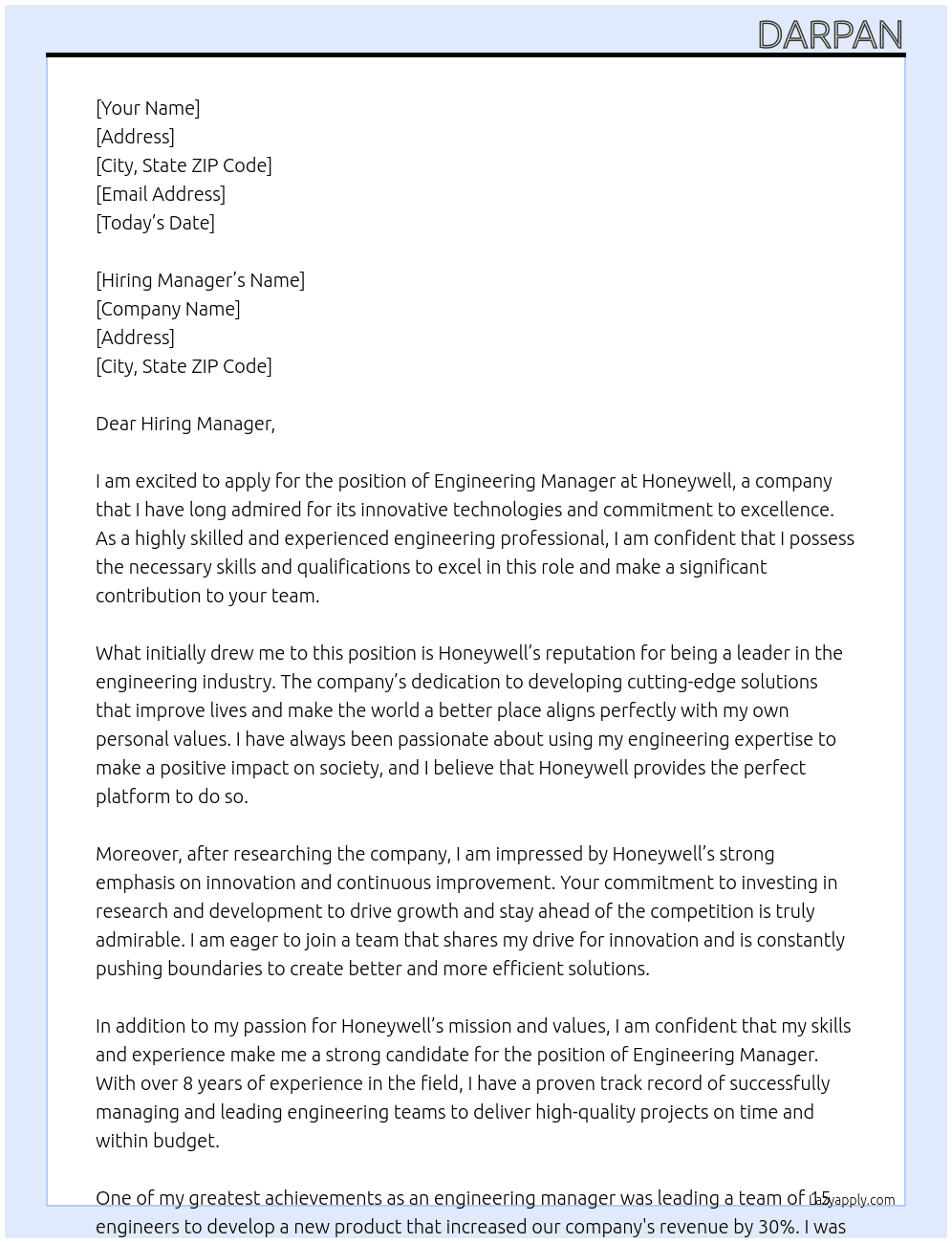 Engineering Manager At Honeywel Cover Letter