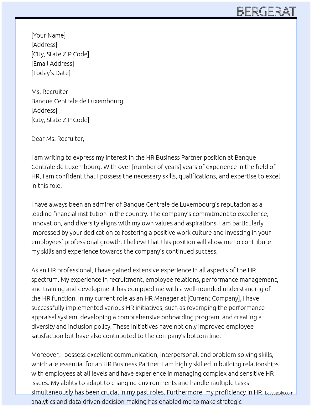 HR business partner At Banque Centrale de Luxembourg Cover Letter