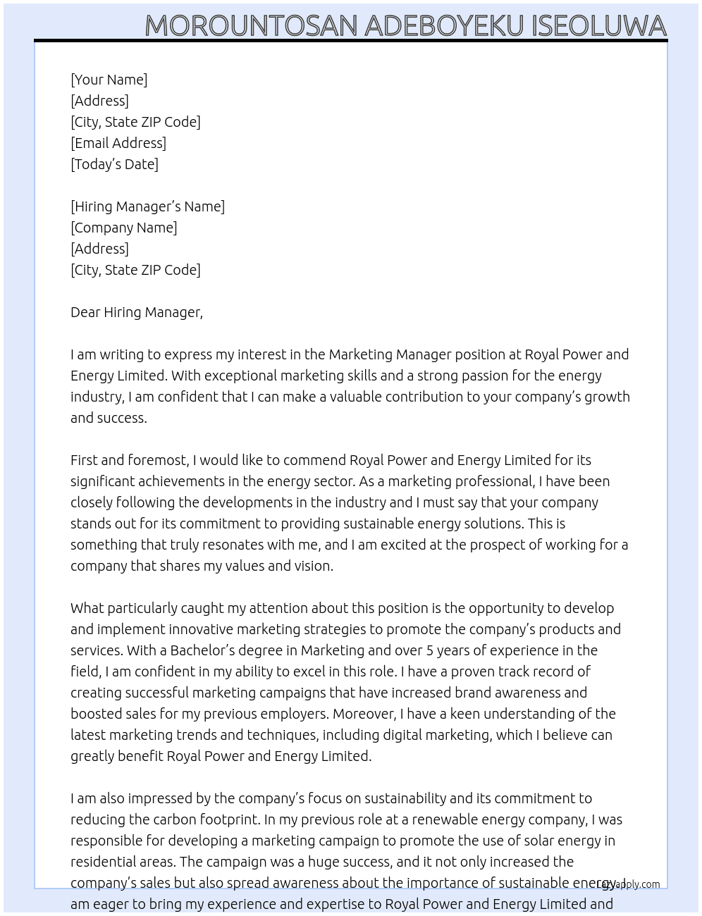Marketing Manager At Royal Power and Energy Limited Cover Letter