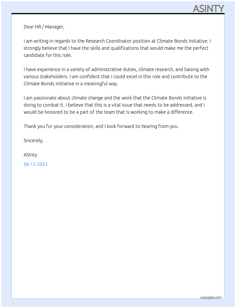 Research coordinator At Climate Bonds Initiative Cover Letter