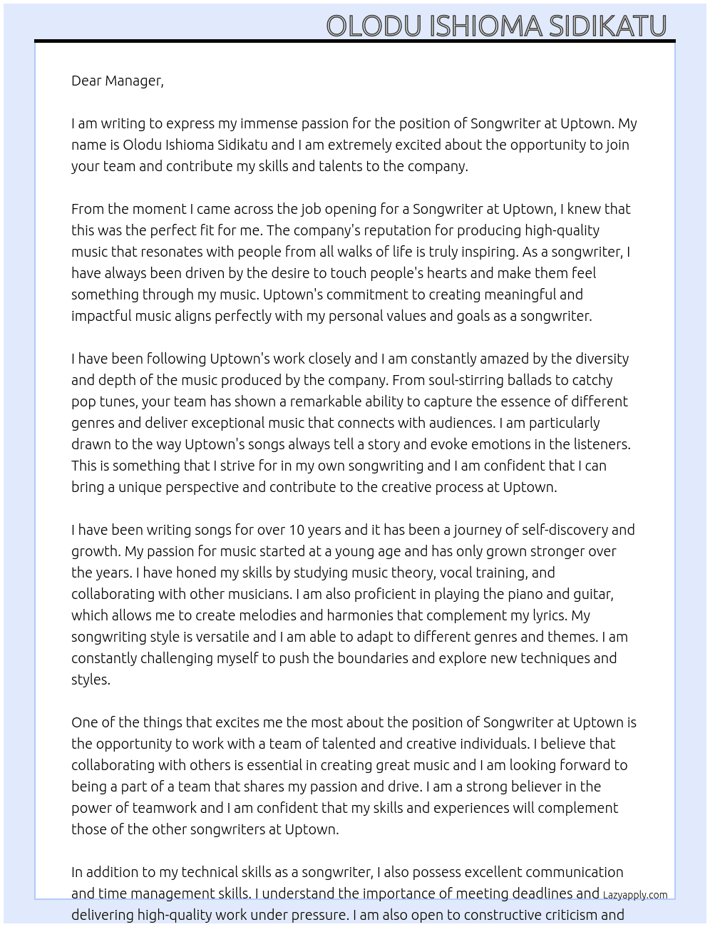 Songwriter  At Uptown  Cover Letter