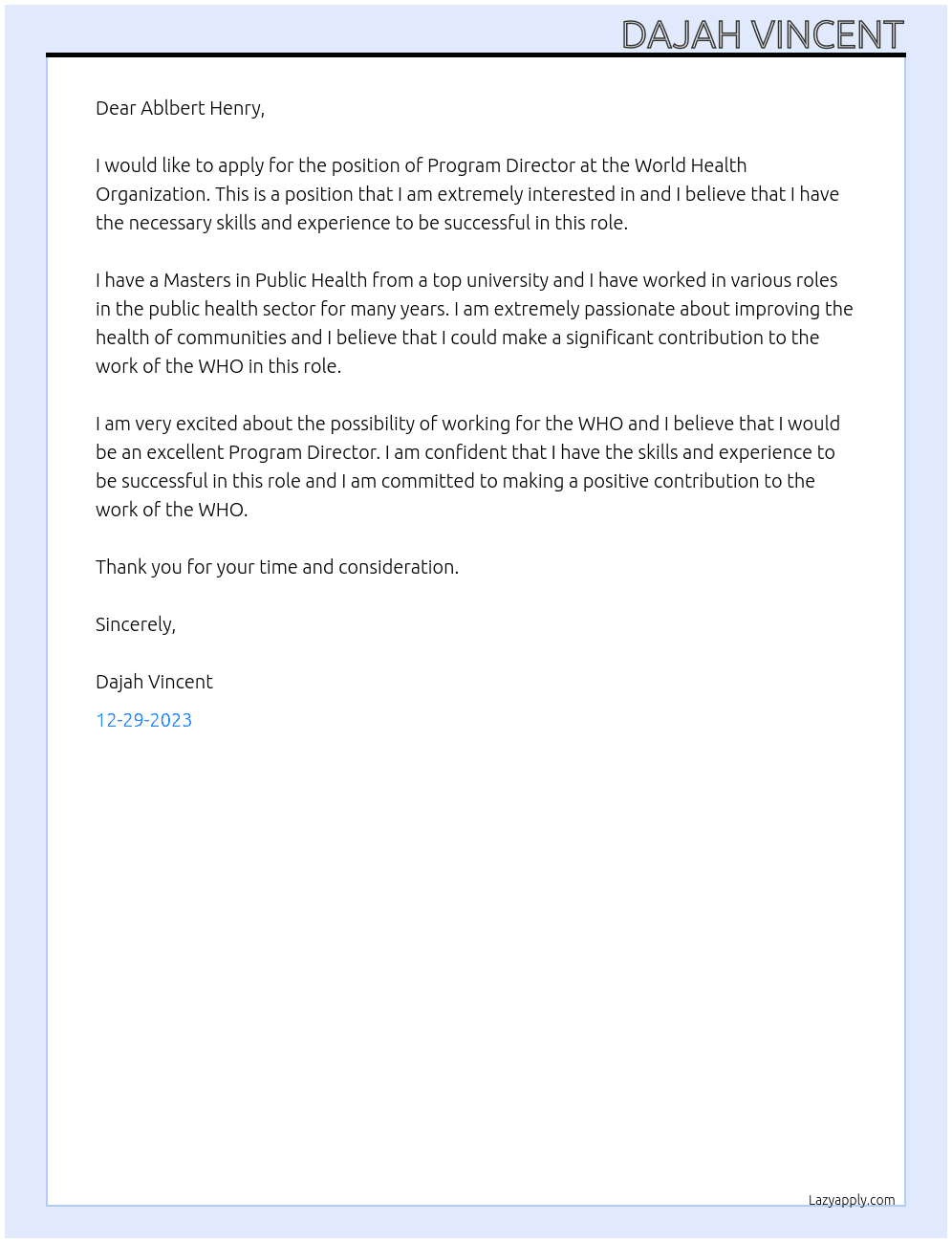 Program Director At World Health Organization  Cover Letter