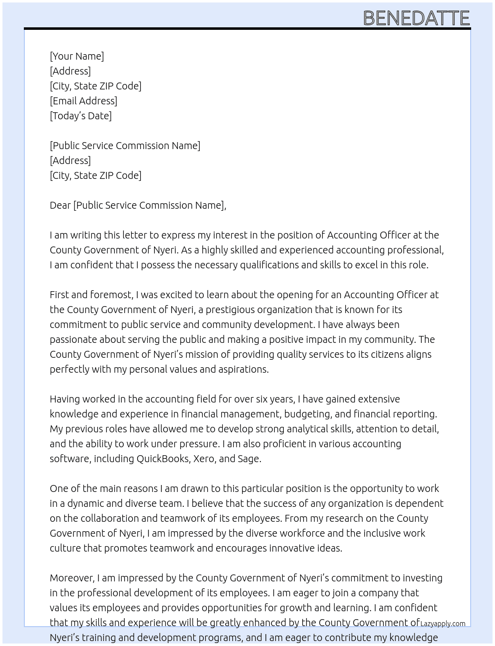 Accounting officer  At County government of Nyeri  Cover Letter