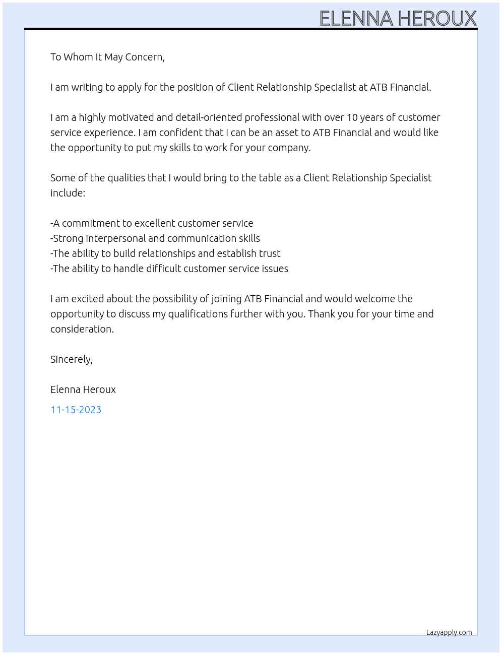 Client Relationship Specialist  At ATB Financial Cover Letter