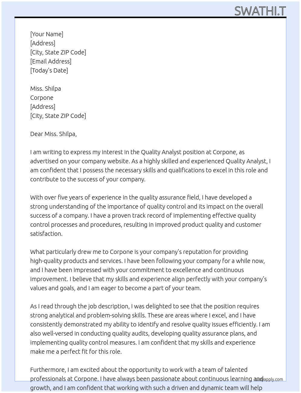 Quality Analyst At Corpone Cover Letter