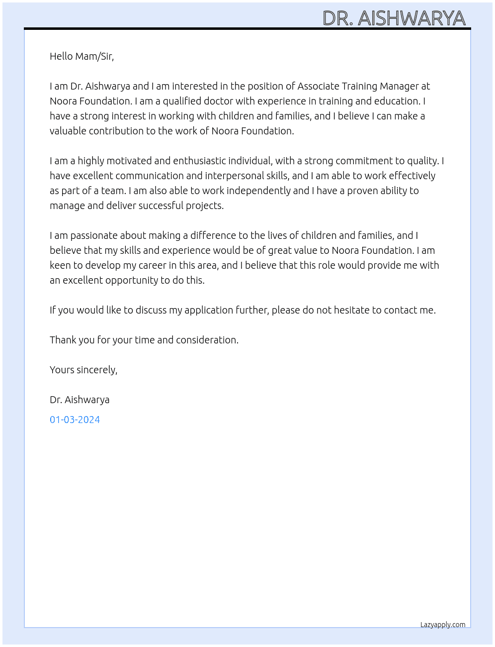 Associate Training Manager  At Noora Foundation  Cover Letter