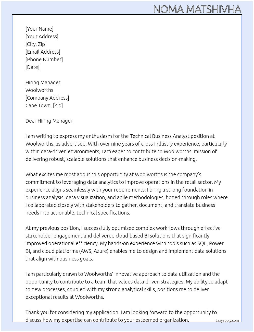 Technical Business Analyst At Woolworths Cover Letter