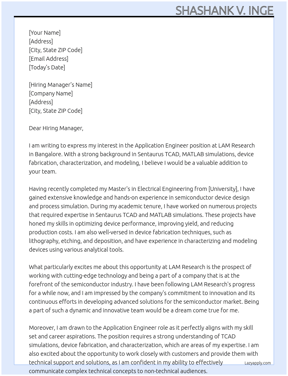 Application Engineer At LAM Research Cover Letter