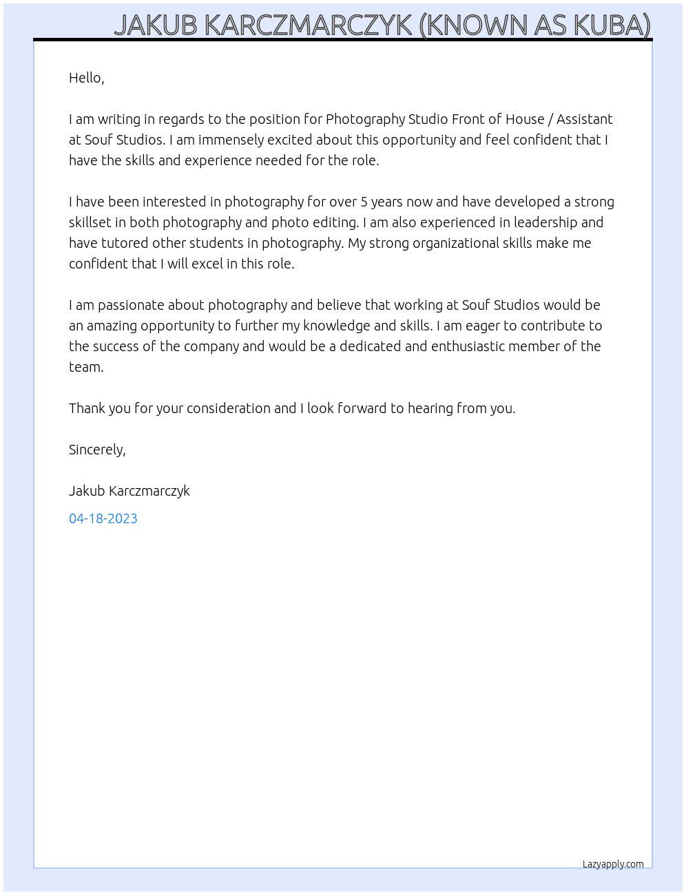 Photography Studio Front of House / Assistant At Souf Studios Cover Letter