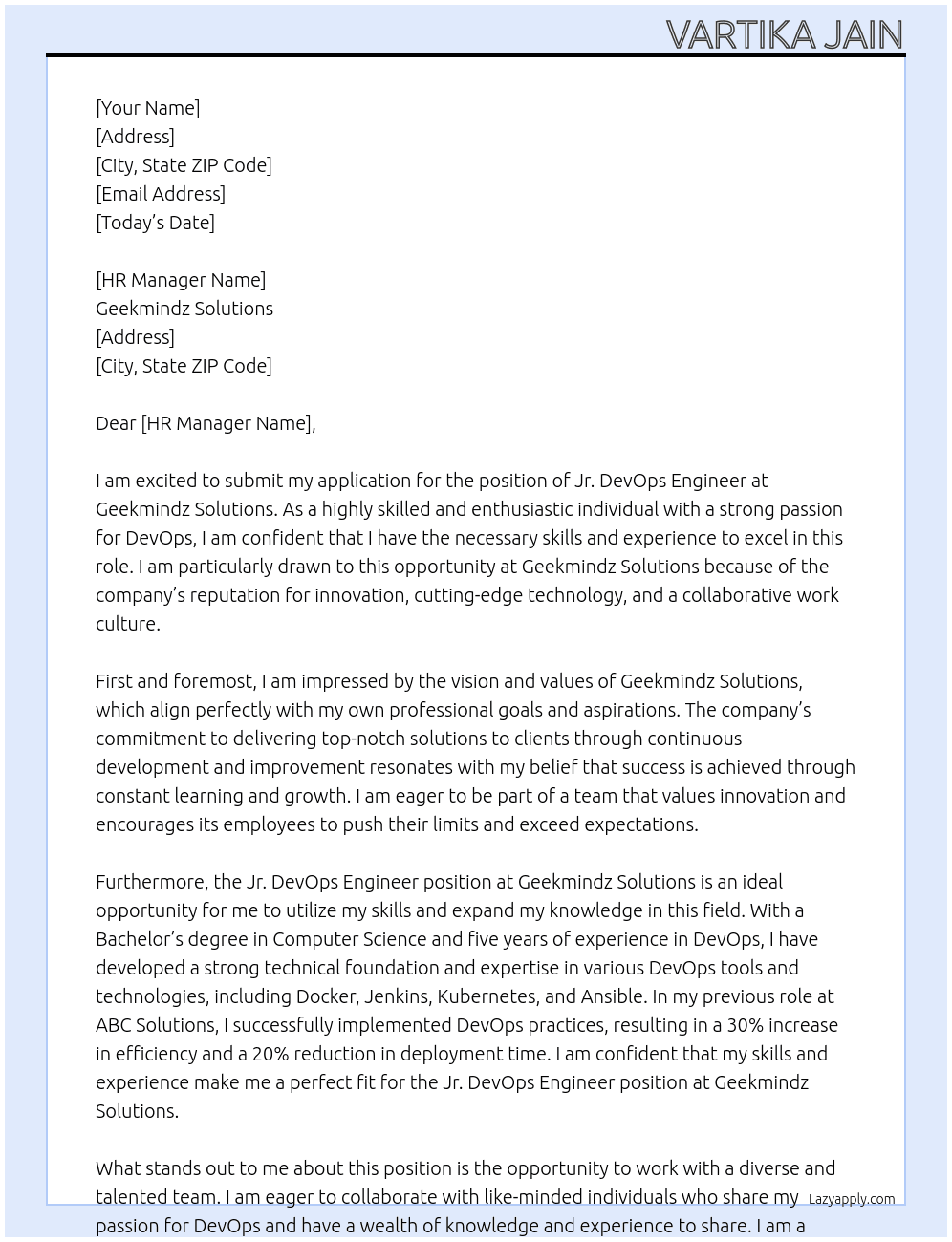 Jr. devops engineer At Geekmindz Solutions Cover Letter