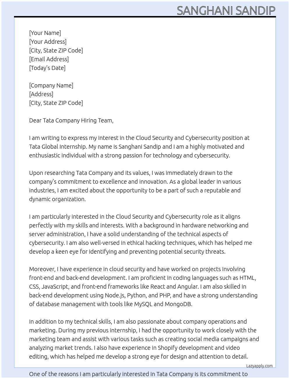 Cover letter for cloud security and cybersecurity - LazyApply
