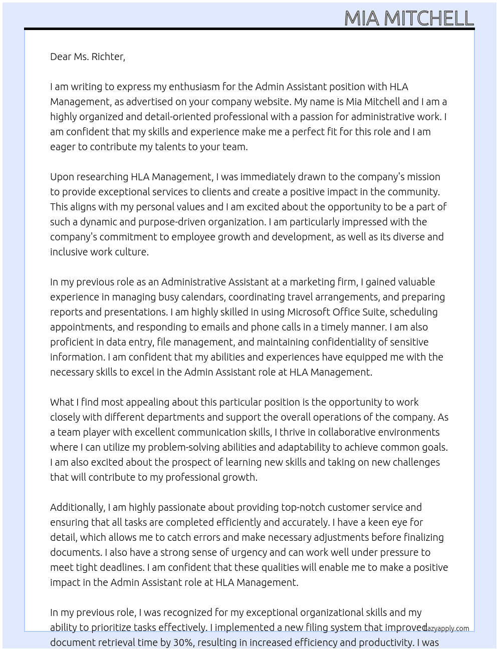Admin Assistant At HLA Management Cover Letter