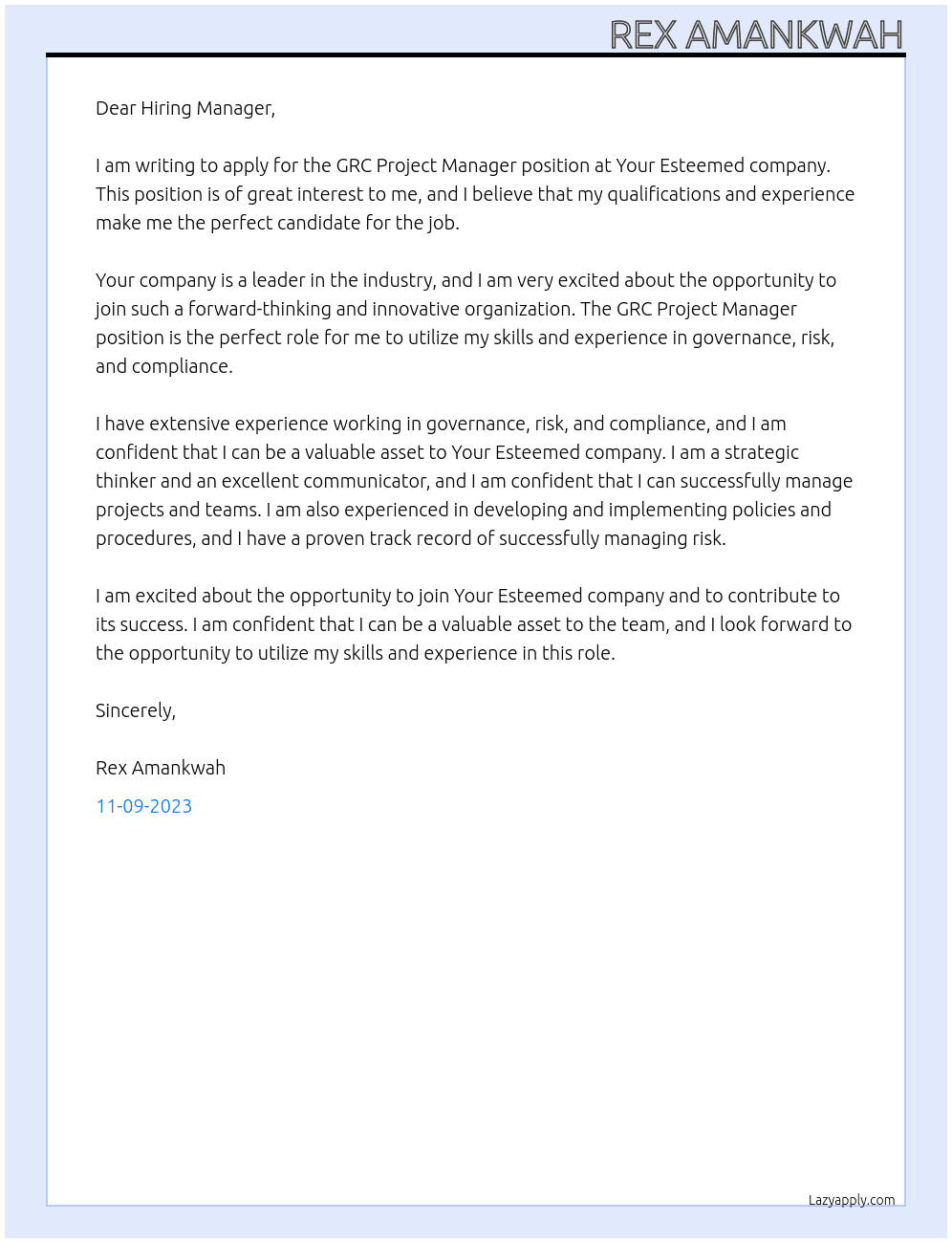 GRC Project Manager At Your Esteemed company Cover Letter