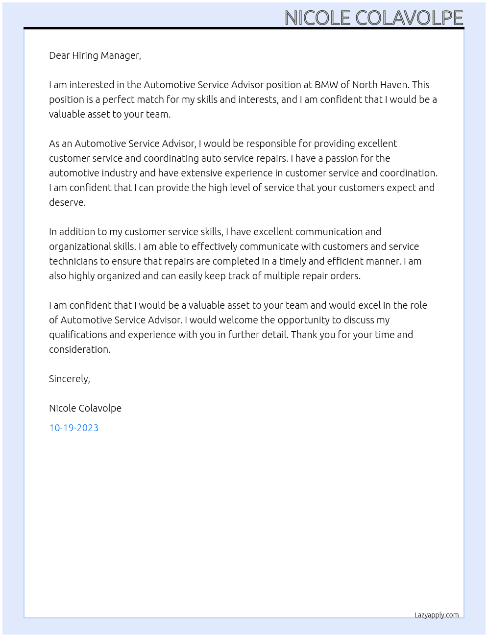 Automotive Service Advisor  At BMW of North Haven  Cover Letter