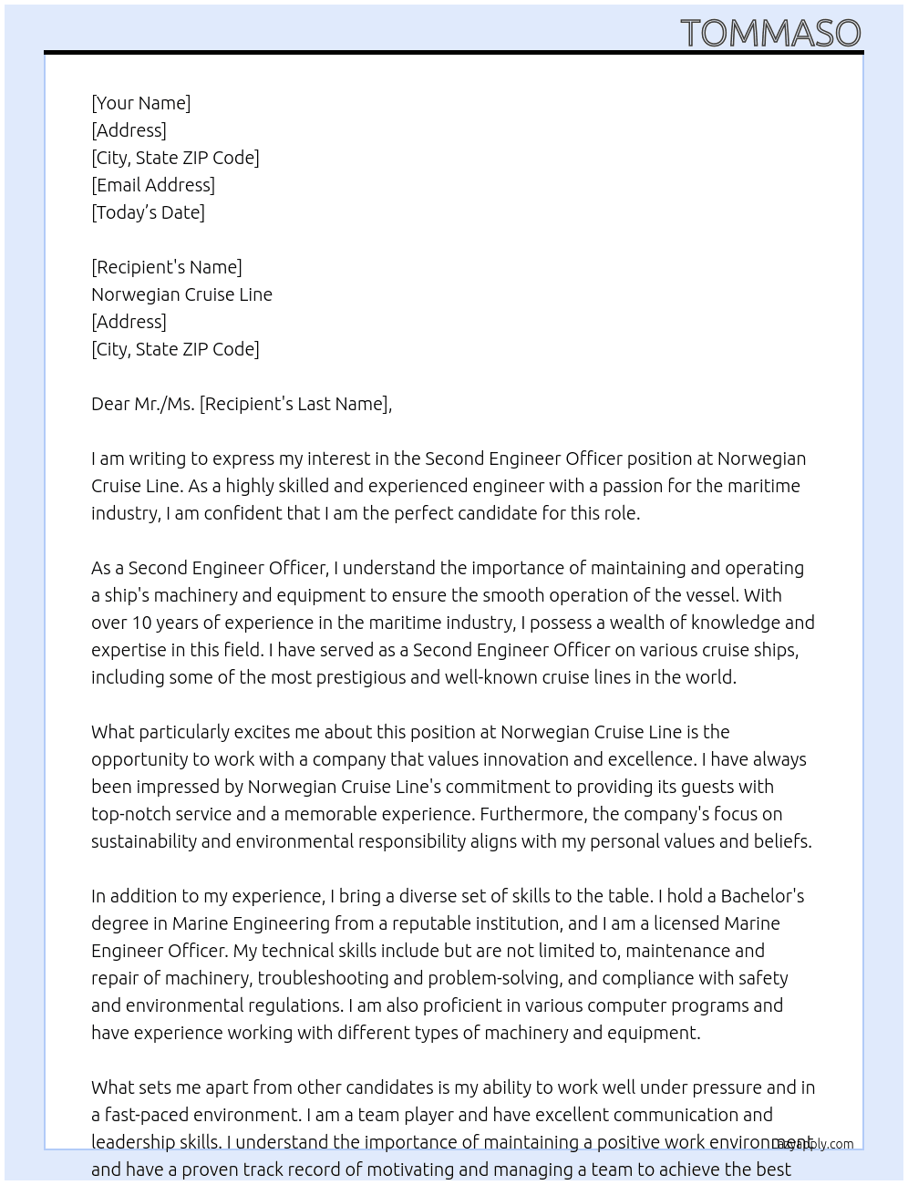 Second Engineer Officer At Norwegian Cruise Line Cover Letter