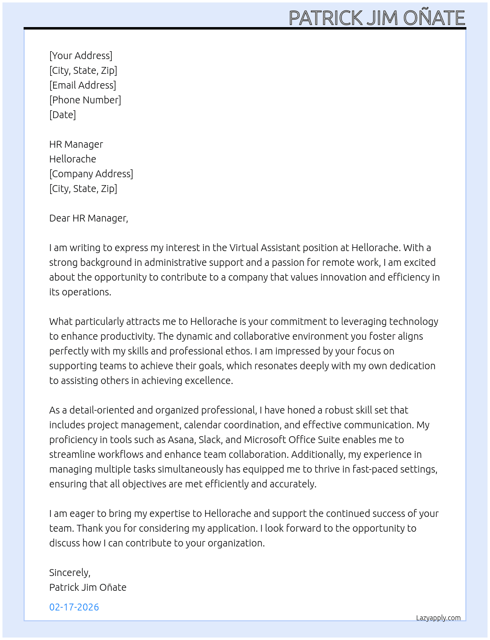 Cover letter for virtual assistant - LazyApply