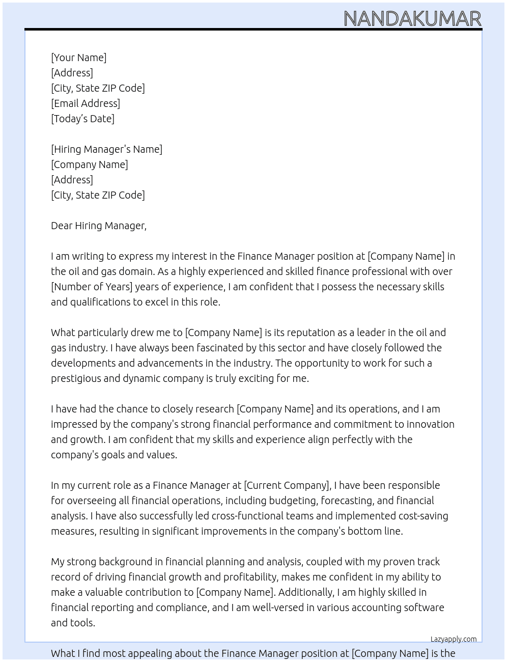 Finance manager  At Oil and gas domain  Cover Letter