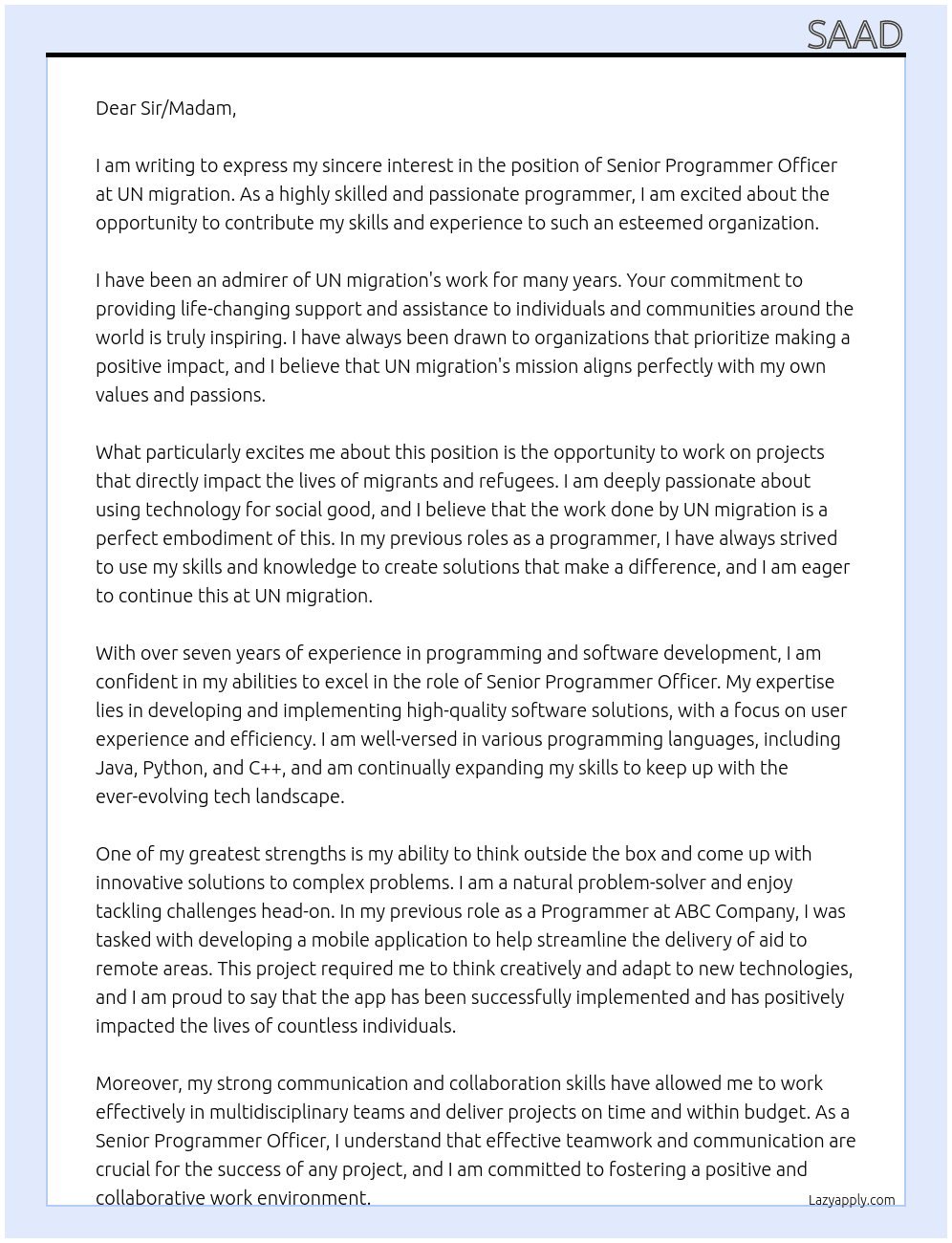 Senior Programmer Officer At UN migration Cover Letter