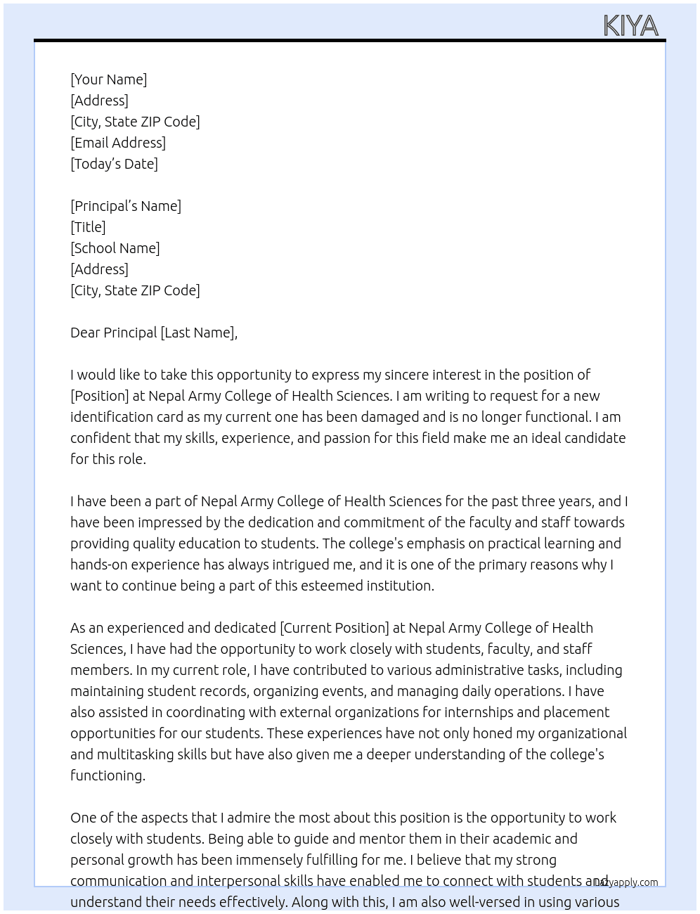 request to make another id card At Nepal Army College of Health Sciences  Cover Letter