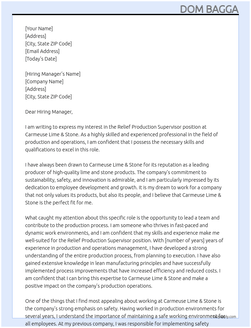 Relief Production Supervisor At Carmeuse Lime & Stone Cover Letter