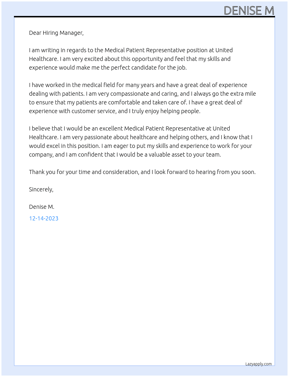 Medical patient representative  At United healthcare  Cover Letter