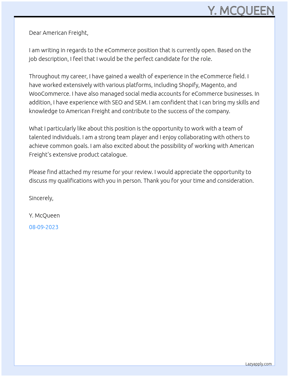 eCommerice At American Freight Cover Letter