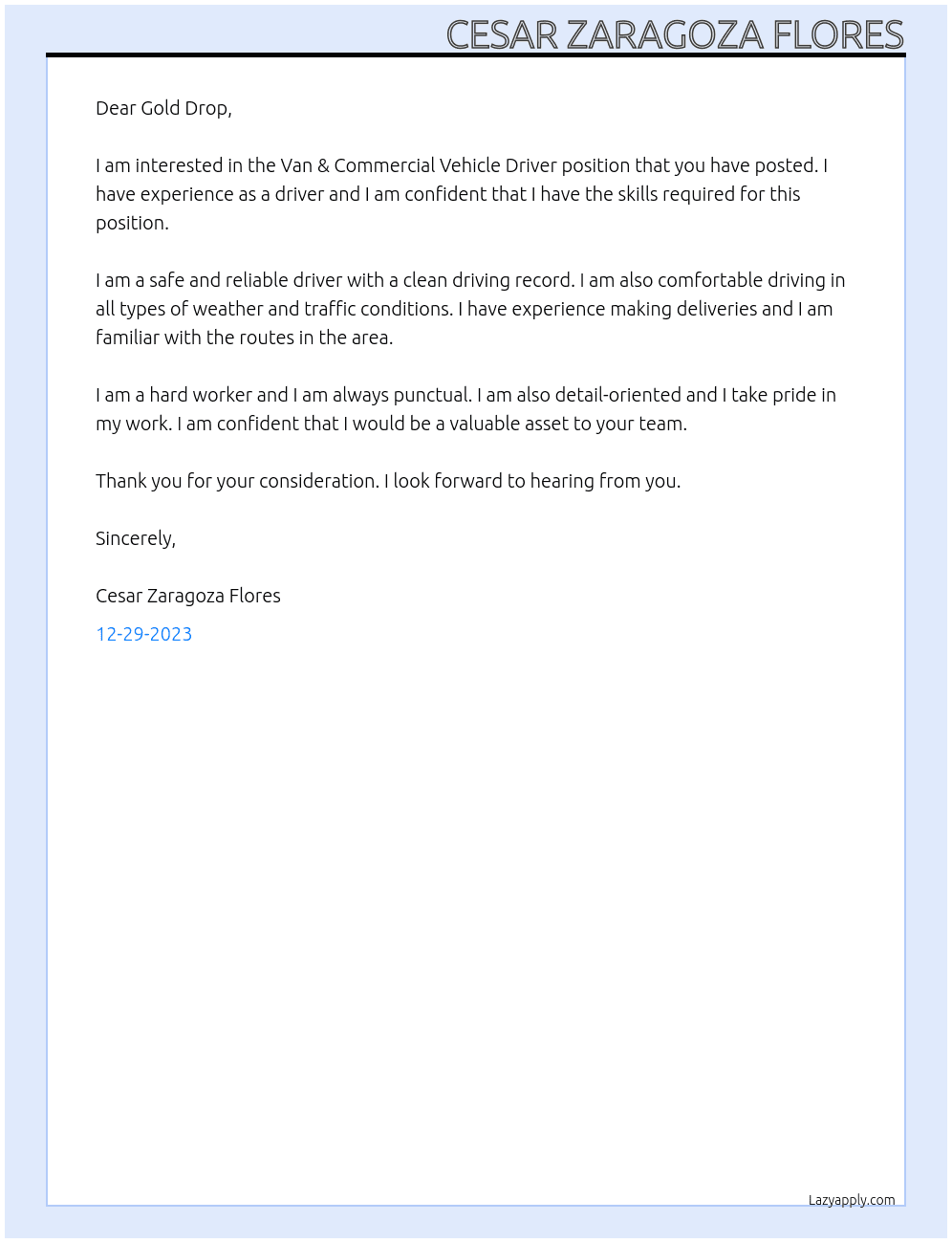 Van & Commercial Vehicle Driver At Gold Drop Cover Letter