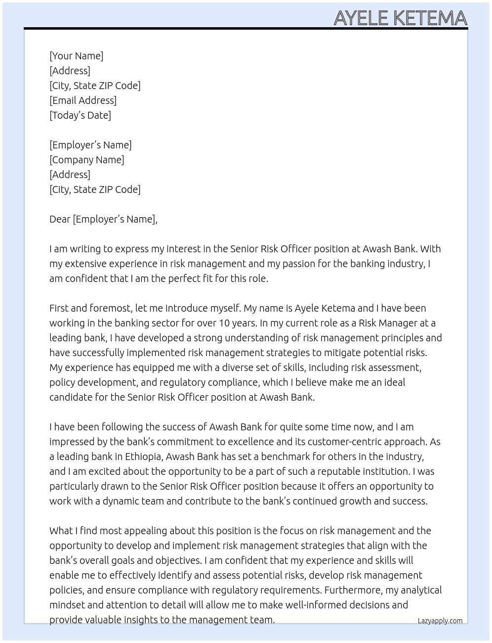 Senior_Risk officer At Awash  Bank Cover Letter