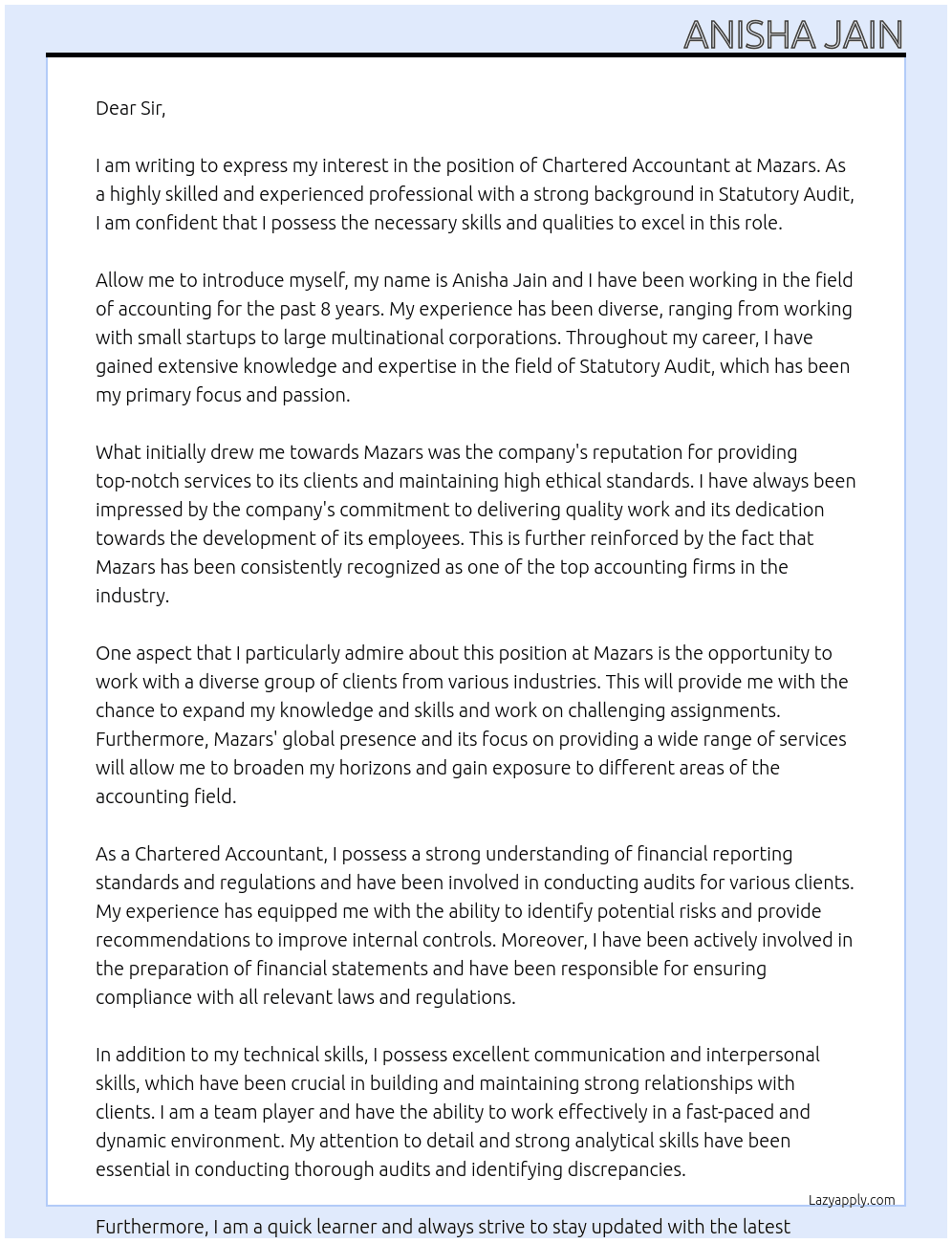 Chartered Accountant At Mazars Cover Letter