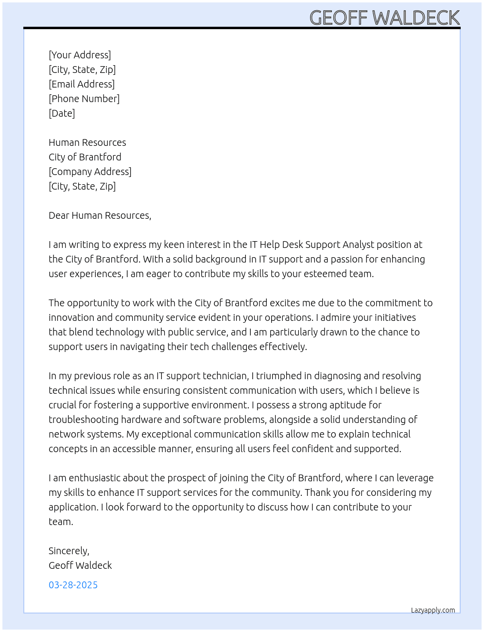 Cover letter for it help desk support analyst - LazyApply