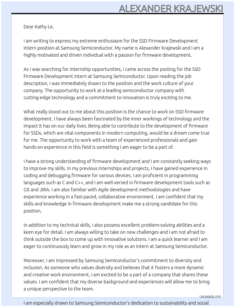 SSD Firmware Development Intern At Samsung Semiconductor Cover Letter