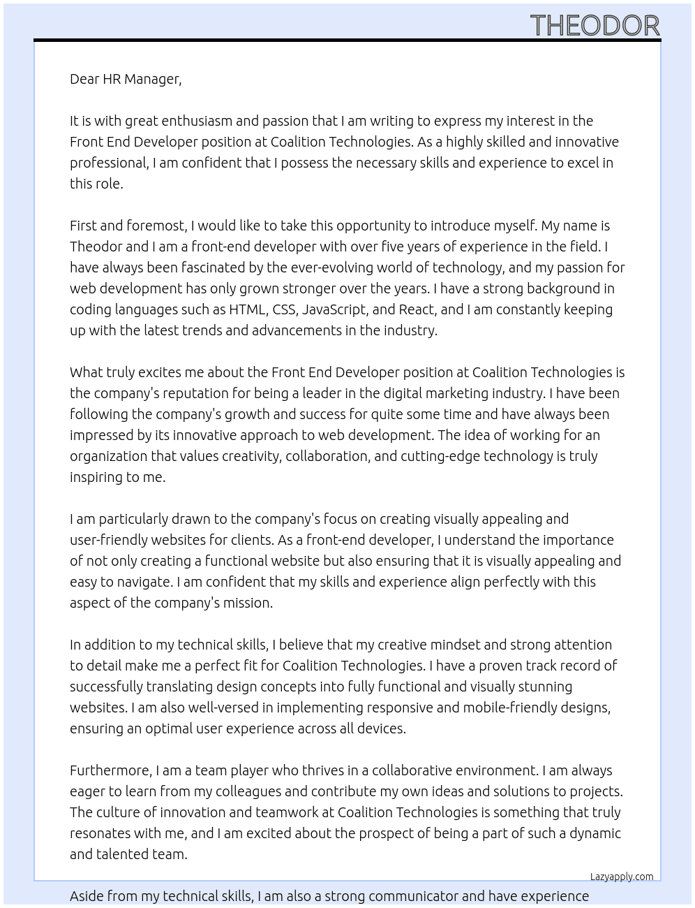 Front End Developer At Coalition Technologies Cover Letter