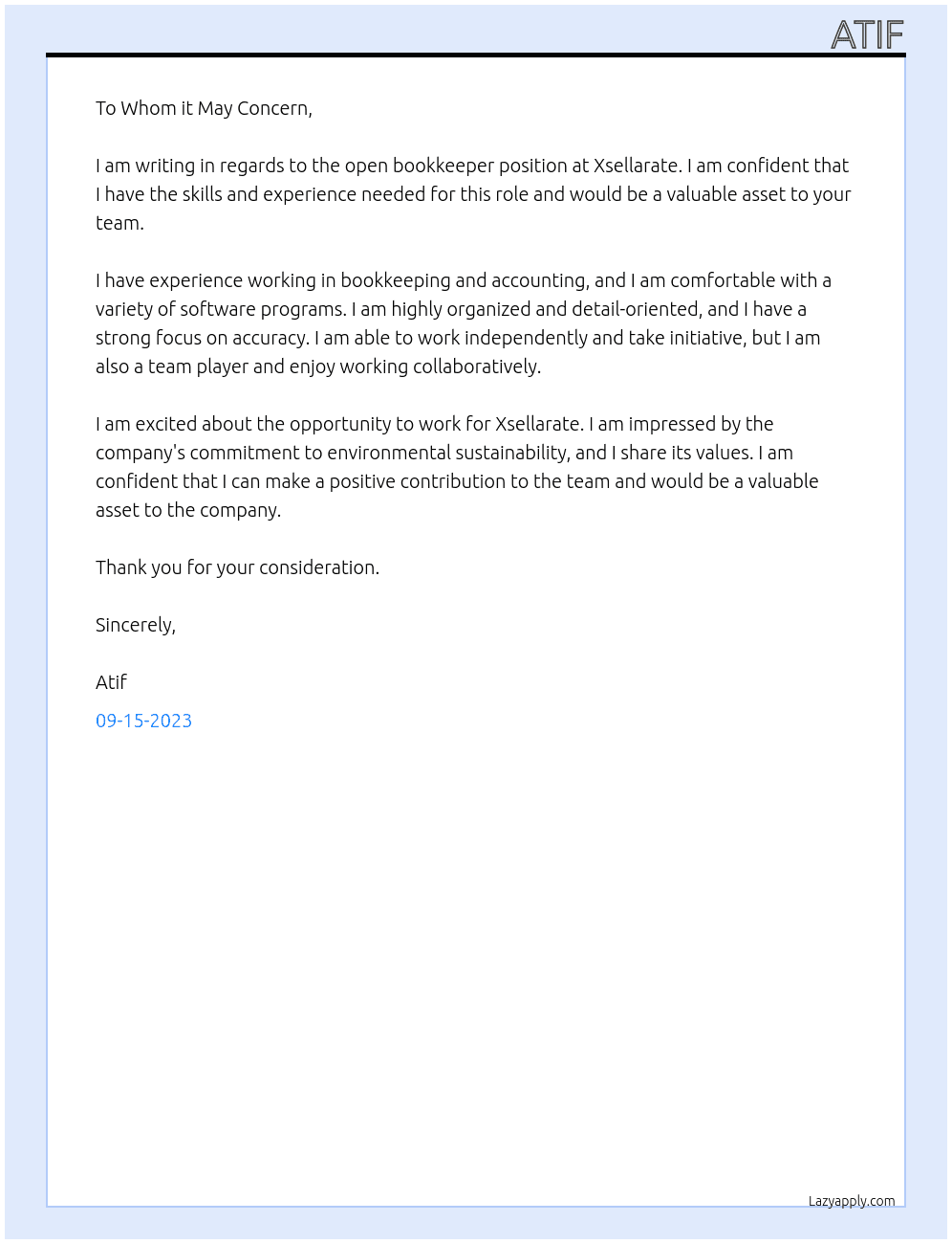 Bookkeeper At Xsellarate Cover Letter